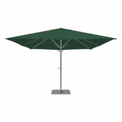 Rectangular umbrella with a forest green canopy and steel pole. Features a hand crank opening mechanism. Includes base. Suitable for providing shade on patios, decks, and other outdoor areas.