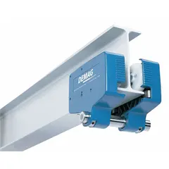 Push trolley for hoists with cast aluminum frame. Designed for flat beams with flange width 7 7/8 in to 12 3/16 in. Max hoist load capacity 12,400 lb. Used to suspend a hoist from an overhead beam and manually move loads along the beam.