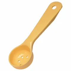 This perforated acetal spoon provides consistent 1 oz portions in foodservice settings. The yellow color aids identification, and the perforated bowl allows liquid drainage while retaining solids. NSF certified for commercial use.