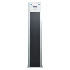 Walk-through metal detector kit with 10 detection zones and light alert system. Dimensions: 78 1/2 in x 15 1/2 in x 4 3/4 in. Includes portable hand wand for secondary screening. Electrically corded with lithium ion battery power. Suitable for security screening at facility entrances.