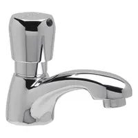 This single-post push-button metering bathroom faucet features a brass body with chrome finish and a low arc design. It delivers a timed spray flow at 0.5 gpm, suitable for commercial restrooms requiring water conservation and hands-free operation