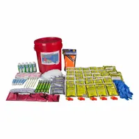 This emergency survival kit is housed in a plastic cylinder container and serves 5 people. It includes 5 food bars (400 calories each), 2 fingertip fabric bandages, 5 toothpastes, a bucket lid, 5 emergency lightsticks (12-hour), 5 emergency whistles, and a first aid guide. Suitable for home, office, or vehicle emergency preparedness