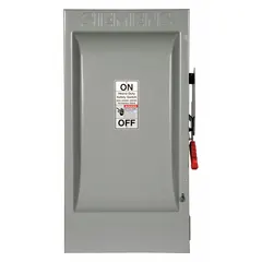 The Siemens HF324N is a 200 A, three-phase fusible safety switch rated for 240V AC. It features a galvanized steel enclosure designed for indoor use. This switch provides a visible break for safe maintenance and overcurrent protection in electrical distribution systems.
