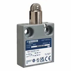 This top-mount roller-plunger limit switch features a steel metallic housing and a pre-wired cable connection. It is used for position sensing and control in industrial automation, detecting the presence or absence of objects in machinery and conveyors.