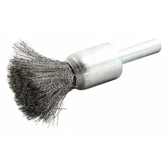 This end brush features a crimped steel fill with 0.006 in diameter for light cleaning of carbon steel surfaces. It is used to remove rust, scale, and light burrs in metal fabrication, maintenance, and finishing applications. The brush has a 1/2 in diameter and a 1/4 in shank.
