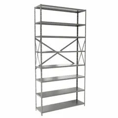 This HALLOWELL medium-duty standalone open metal shelving unit is constructed from steel with a gray finish. It includes eight shelves and measures 48 inches wide, 12 inches deep, and 84 inches high. The unit ships unassembled and is suited for organizing tools, parts, and boxes in warehouses, stockrooms, and industrial facilities.