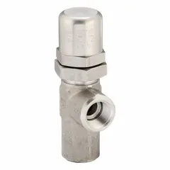 Soft-seat pressure control valve with stainless steel body and 3/4 in NPT connections. Maximum set pressure 90 psi. Used in hydraulic and pneumatic systems to regulate downstream pressure, providing leak-tight shutoff in industrial fluid power circuits and process control applications.