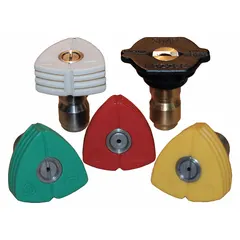 This quick-connect spray nozzle delivers a fan spray pattern at 5,000 psi and 4.47 gpm. It features a male inlet and is supplied in a 5-pack. Suitable for high-pressure cleaning tasks such as removing dirt, grime, and paint from surfaces.