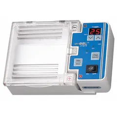 This electrophoresis system features a plastic construction with a digital display and operates at 0.5 V AC. It includes two casting sets and is compatible with agarose tablets. Typical applications include separation of nucleic acids or proteins in laboratory research and education.