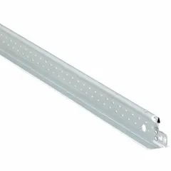 Galvanized steel cross tee for suspension framing of ceiling tiles. Overall length 24 inches, overall height 1 3/8 inches. Used to support and align drop ceilings in commercial and industrial buildings, forming a stable grid for tile installation.