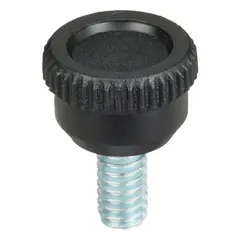 Knurled knob with threaded stud for manual adjustment and clamping on industrial machinery, jigs, and fixtures. Plastic body with steel thread. Diameter: 0.75 in. Thread: 1/4"-20, length: 0.5 in.