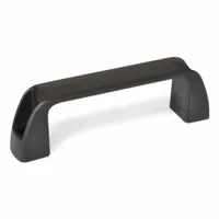 Fixed, non-recessed pull handle made of black polypropylene with a matte finish. Features unthreaded mounting holes accepting M8 screws (also compatible with 1/4 in, 5/16 in, M6). Grip thickness of 0.27 in. Suitable for use on cabinets, enclosures, and machinery where a non-conductive, corrosion-resistant handle is needed