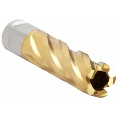 This annular cutter is made from high-speed steel with a titanium nitride (TiN) coating to reduce friction and extend tool life. It has a 7/16 in cutter diameter and a 2 in maximum cutting depth, with a Weldon Flat shank for secure mounting. Suitable for cutting clean holes in metal during general fabrication, structural steelwork, and maintenance tasks when used with magnetic drill presses.
