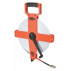 Manual open-reel tape measure with a 300 ft fiberglass blade marked in SAE 1/8 in increments. Features a single-sided hook-end design with a nonmagnetic single hook and a plastic case. Suitable for measuring long distances in construction, surveying, and utility layout.