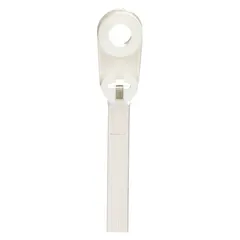 Natural nylon screw mount cable tie with 8-inch nominal length, 0.19-inch width, and 1 3/4-inch maximum bundle diameter. Features a #10 screw mount hole for fixed installation on panels or surfaces. Suitable for bundling and securing wires in electrical enclosures, control cabinets, and industrial wiring applications. Sold in packs of 1,000.