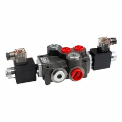 This solenoid-operated directional control valve features three positions and four-way ways with an outlet/work port configuration. It is designed to direct hydraulic fluid flow in mobile and industrial equipment, such as loaders, tractors, and material handling systems. The valve operates on 12 V electrical power and has a maximum flow rate of 21 gpm.