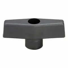 This T-handle knob features a 2.5 in diameter plastic body with a steel threaded through-hole in 5/16"-18 thread size. It is used for manual clamping, positioning, and adjustment on industrial machinery, jigs, and fixtures. The design provides a comfortable grip for assembly, machining, and material handling applications.