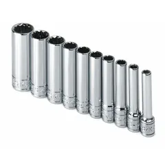 This 10-piece socket set includes 12-point deep SAE sockets ranging from 3/16 in to 9/16 in with a 1/4 in drive. The set features a friction ball retainer and is not tether capable. Suitable for tightening and loosening SAE fasteners in automotive repair, machinery maintenance, and general industrial assembly.