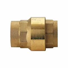 Brass inline disc check valve with 3/8 in pipe size and FNPT x FNPT female NPT connections. Designed for backflow prevention in piping systems handling water, oil, or gas. Inline body allows installation in horizontal or vertical lines.