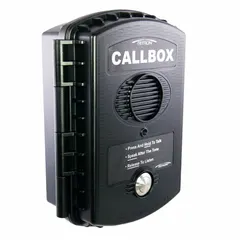 This call box operates on the VHF MURS band, requiring no license. It features a hinge enclosure in black, includes a stored-voice message, and is equipped with a relay. Typical applications include industrial sites, warehouses, and security checkpoints where reliable two-way radio communication is needed.