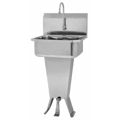 This one-station freestanding hand sink includes a faucet and is constructed from 18 ga stainless steel. It features a 17 in bowl length, 7 in bowl depth, and a 2 gpm flow rate. Suitable for commercial kitchens, food service areas, and healthcare facilities where hand hygiene is required.