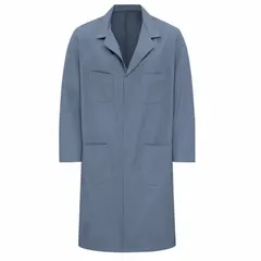 Lab coat in navy polyester/cotton blend with a collared design and four pockets. Suitable for use in laboratory and industrial settings where a protective garment is required.