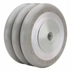 This wheel features a gray polyurethane tread on a steel core with an UltraGlide tread shape. It has a 6 in diameter, 3 in width, and a load rating of 2,600 lb. Suitable for heavy-duty material handling equipment such as carts, dollies, and platform trucks in industrial environments.