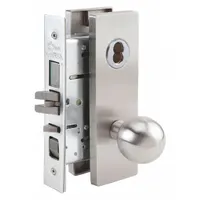 This office knob lockset features a stainless steel construction with an MR162 ball knob style. It includes an interchangeable core for easy rekeying and is ADA compliant for accessibility. Suitable for use in commercial and institutional door applications
