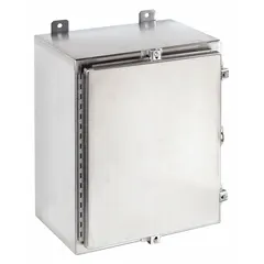 This 304 stainless steel enclosure measures 16 x 16 x 6 inches and features a solid cover secured by clamps. Rated NEMA 12/13/3R/4/4X, it is suitable for indoor and outdoor applications requiring protection against dust, water, corrosion, and washdown environments. Knockouts are not included.