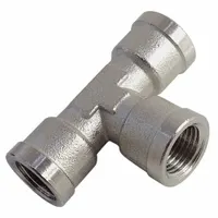 This tee fitting has three 5 mm female threaded ports and a maximum operating pressure of 870 psi. It is used to split or combine fluid or air lines in medium-pressure pneumatic and hydraulic systems