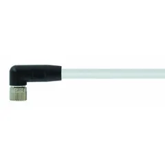 Single-ended cordset with a gray PVC jacket for flexing applications. Features an M8 female right-angle connector on one end and bare wire on the other, with 3 pins, 24 AWG wire size, and 1.5 m cable length. Rated IP67 for protection against dust and water ingress. Typically used to connect sensors or actuators in industrial automation, packaging, and material handling equipment.