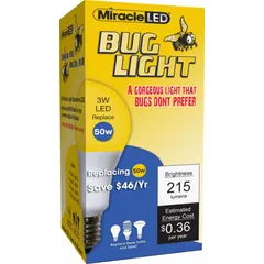 LED bug light lamp with A15 shape, frosted finish, 3W power, 2000K color temperature, and medium screw (E26) base. Operates at 120V AC. Suitable for outdoor and rough-service applications where reduced insect attraction is desired.