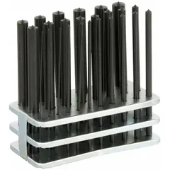 This 25-piece transfer punch set includes plain grip punches ranging from 1 to 13 mm, with a 7 mm punch included. The set is housed in a box with a metal stand for organized storage. Transfer punches are used to precisely mark hole locations from a template onto a workpiece for drilling, commonly applied in metalworking, machining, and fabrication for accurate alignment in jigs, fixtures, and assembly.