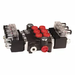 Solenoid-operated directional control valve with three positions and four-way ways. Features an outlet/work port configuration and operates on 12 V electrical power. Maximum flow rate of 21 gpm. Used to direct hydraulic fluid flow in mobile and industrial equipment such as loaders, tractors, and material handling systems.