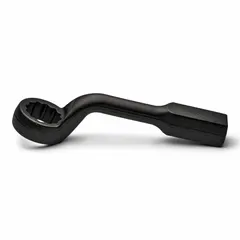 This metric striking box end wrench features a 75 mm head size, 12-point configuration, and a 45° head offset angle. With a 419 1/10 mm overall length and black finish, it is designed for heavy-duty bolting applications where high torque is applied via a hammer or sledge on the striking surface.