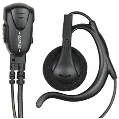 Ear hook earpiece with shirt/lapel microphone and push-to-talk button. Single-wire design with 2.5 mm jack connector. Compatible with Ritron PT Series two-way radios. Enables hands-free communication in industrial or field environments.