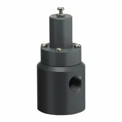 This pressure relief valve from PLAST-O-MATIC features a PVC body and FKM seals, with 1/4 in FNPT x FNPT connections. It is designed to maintain set back pressure and relieve excess pressure in piping systems handling corrosive or ultra-pure liquids. Typical applications include chemical processing, water treatment, and semiconductor manufacturing.