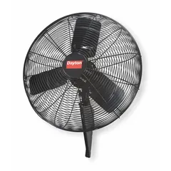 This Dayton wall-mount fan features a 24-inch blade diameter and a 1/4 hp motor operating on 115V AC. It offers three speeds and oscillating function for broad air circulation. The bracket mounting allows secure wall installation, suitable for industrial spaces such as workshops, warehouses, and factories.