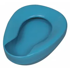 This DMI bed pan is made of plastic and is autoclavable for sanitary reuse. It measures 11 3/8 inches in both overall width and height. The blue color aids in identification. Used in healthcare settings for patient hygiene.