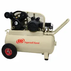 Oil-lubricated, wheeled portable electric air compressor with a 20-gallon horizontal tank, 2 hp motor, and 4.6 cfm at 90 psi. Operates on 115V AC at 15 A. Suitable for light-duty workshop and garage tasks such as tire inflation, air tool operation, and spray painting.