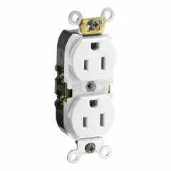General-purpose duplex receptacle rated 125V AC, 15A, NEMA 5-15R configuration, 2-pole/3-wire grounding. White finish. Suitable for standard residential, commercial, and light industrial branch circuit installations for powering lighting, appliances, and electronic devices.