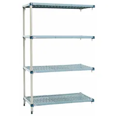 Stationary shelving unit with four steel shelves and a steel frame, featuring antimicrobial resistance properties. Shelves adjust quickly without tools. Overall height 62 inches, depth 18 inches, width 72 inches. Suitable for organizing materials in industrial, commercial, and healthcare environments where hygiene is a concern.