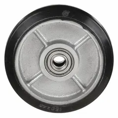 This black mold-on wheel is a hand truck accessory with a 6 in overall height, 6 in overall length, and 1-1/2 in width. It supports loads up to 250 lb and is designed for use on compatible hand trucks in material handling applications such as warehouses and distribution centers.