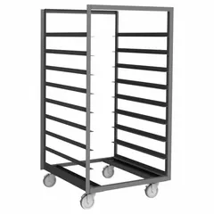 This standard-duty side-loading sheet pan rack from DURHAM MFG is constructed of angle iron in a gray finish. It accommodates full-size pans measuring 29-15/16 x 35-15/16 in and features 9 slots with 6 in between shelves, supporting up to 1200 lb. Overall dimensions are 36 in width by 67 1/8 in height. Suitable for transporting sheet pans in commercial food service environments.
