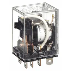Plug-in relay from the LY Series with a square base and flat pins. Features a 12V DC coil, SPDT contact form, 15 A current rating, and 8 quick-connect terminals. Operating current is 7 A at 24V DC for inductive loads. Suitable for switching loads in control panels, automation systems, and machinery.