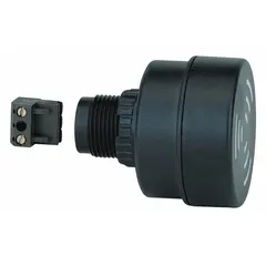 Audible alarm for industrial signaling in indoor and outdoor environments. Operates at 24V AC/DC with 0.73 W power consumption. Black housing, 52 mm diameter. Suitable for use on machinery, control panels, and process equipment to indicate faults, cycle completions, or safety conditions.