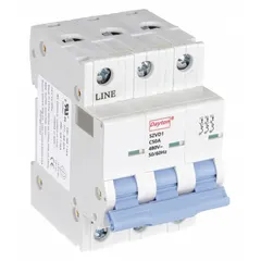 This 3-pole supplementary protector from the NDB2-63 series features a C-curve trip characteristic for overcurrent protection. Rated 50A at 480V AC with a maximum interrupting rating of 7.5kA, it uses screw clamp terminals for secure wiring. Suitable for DIN rail mounting in industrial control panels and equipment branch circuits.