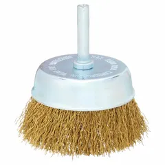 This cup brush features crimped brass wire fill for light cleaning of soft materials such as wood, plastic, and nonferrous metals. The nonsparking construction reduces ignition risk in hazardous environments. Brush diameter is 2-3/4 in, shank size is 1/4 in, and fill diameter is 0.012 in. Suitable for use with standard rotary tools for surface preparation tasks.