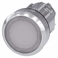 Momentary illuminated flush-mount push-button operator from the Siemens 3SU series. Features a metallic actuator in red. Designed for 22 mm panel cutouts. Suitable for control panel applications requiring a momentary switching function with visual indication.