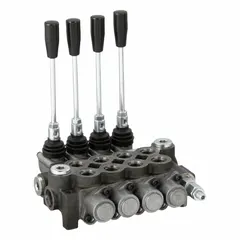 Four-way, three-position manual spool monoblock valve with tandem center and spring return to neutral. Maximum flow rate of 10 gpm. Suitable for controlling double-acting cylinders or hydraulic motors in mobile and industrial hydraulic systems.
